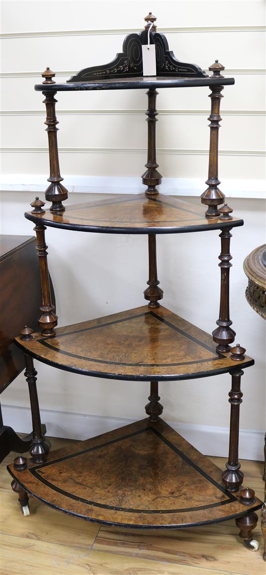 A Victorian walnut and ebonised corner whatnot H.129cm